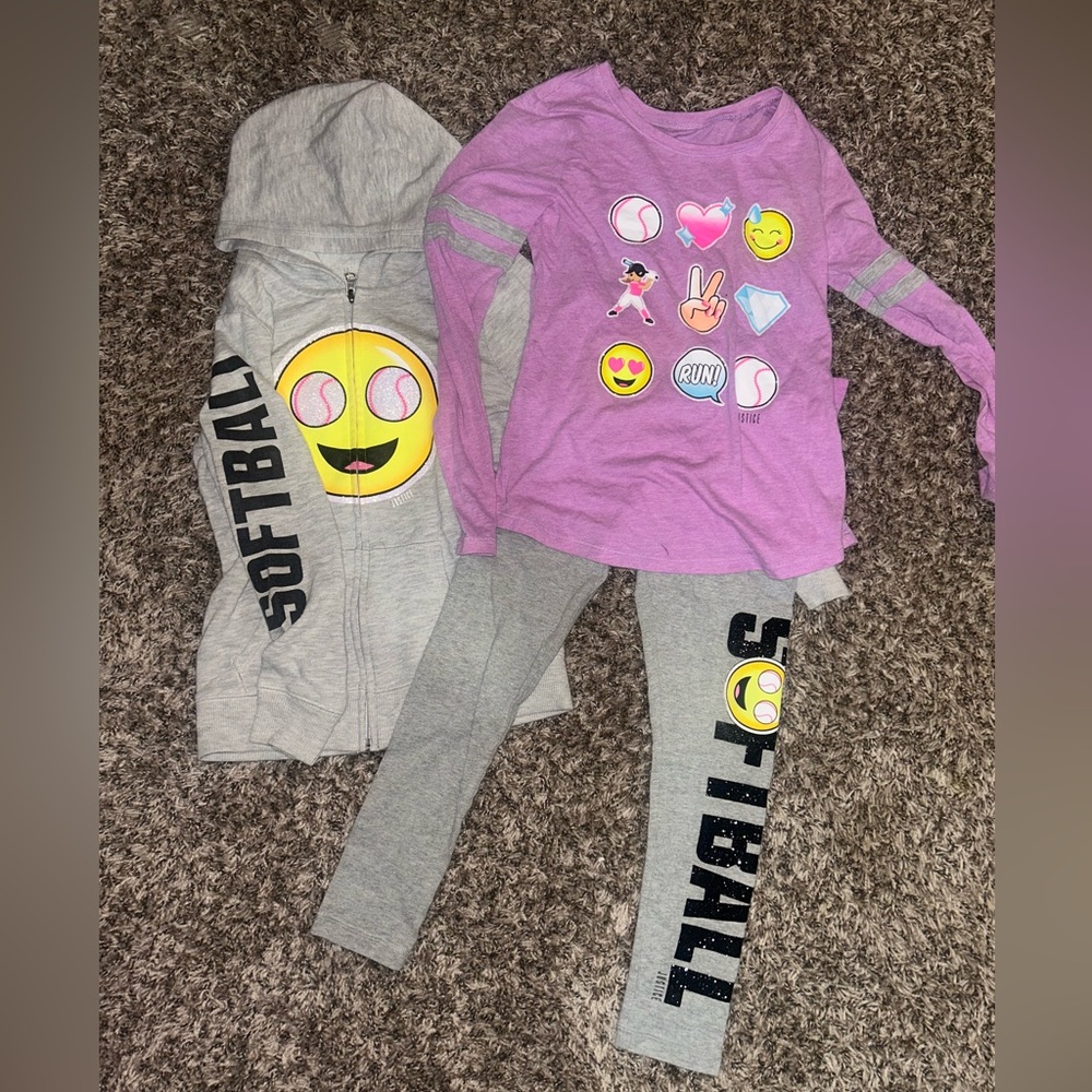 Justice 3 piece set. Leggings, zip up hoodie, shirt. Softball girls! Size 8.